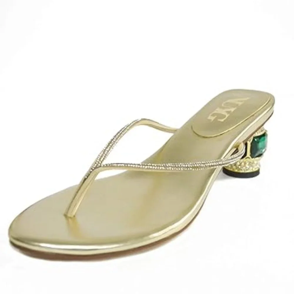 XYD Gold Mid Heel Sandals Round Toe Slippers Slip On Shoes